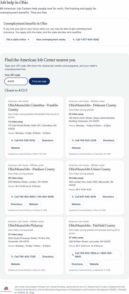 Screenshot: Job centers, youth and reentry programs, and unemployment links in every state