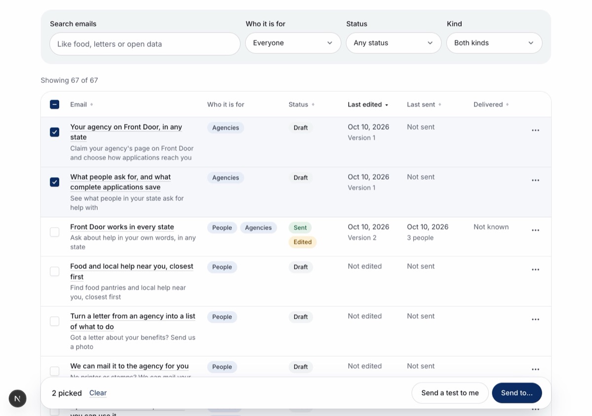 Screenshot: Update emails as a table you can send from