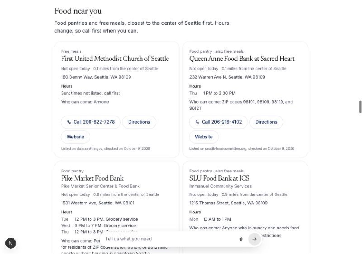Screenshot: Food pantries and free meals near you, closest first