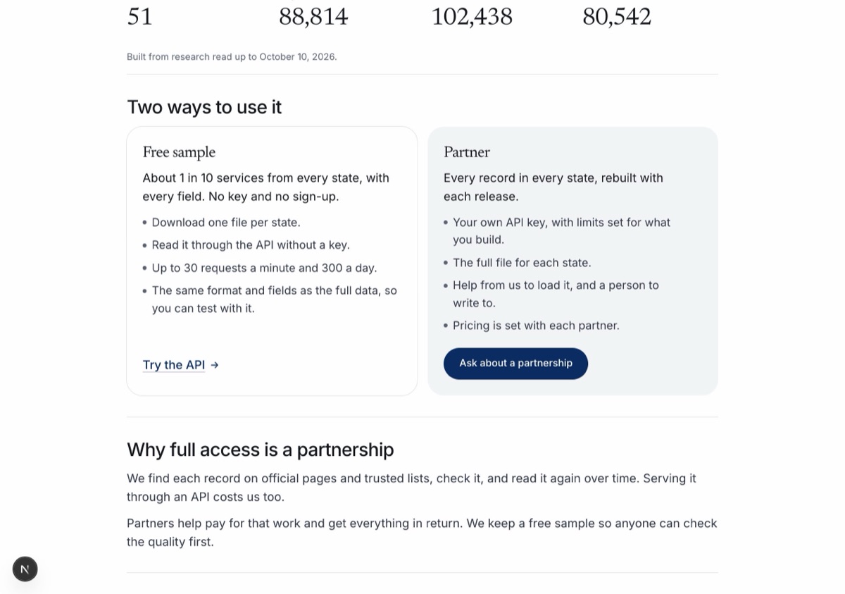 Screenshot: Open data: a free sample, and full access for partners