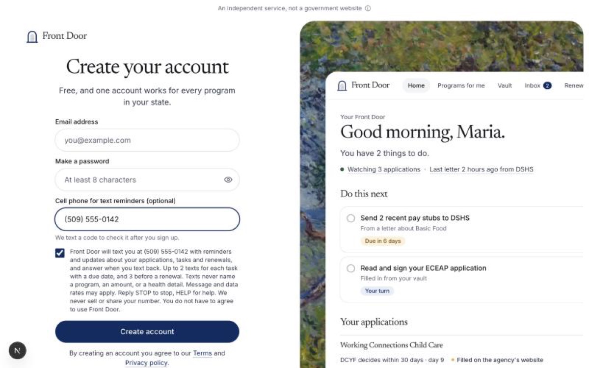 Screenshot: Reminders by text, from the day you sign up