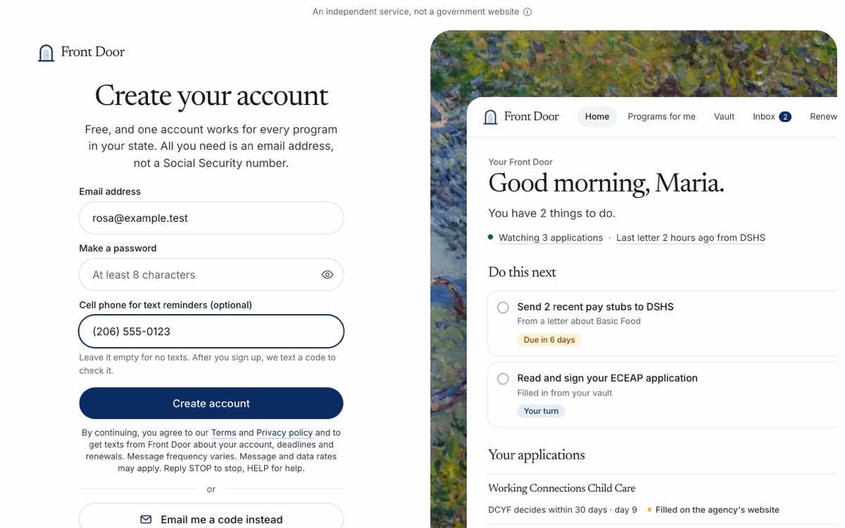 Screenshot: Texts at sign-up, in one line