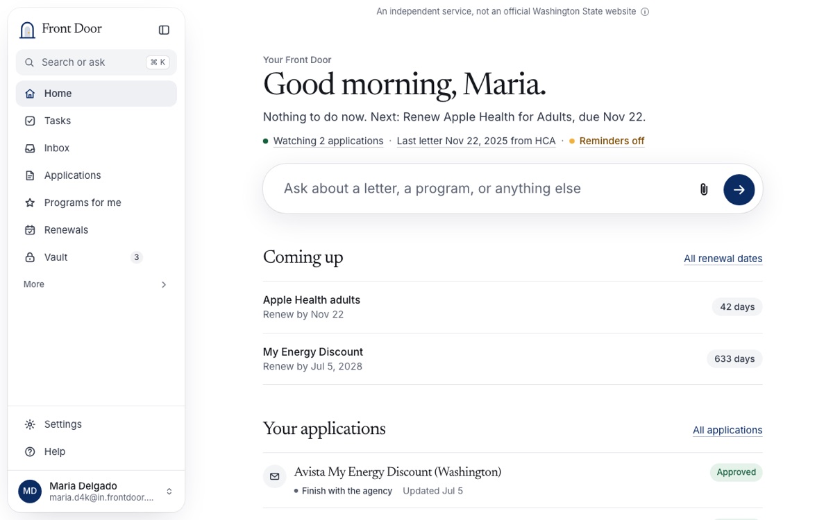 Screenshot: Your account, with a sidebar and a box to ask