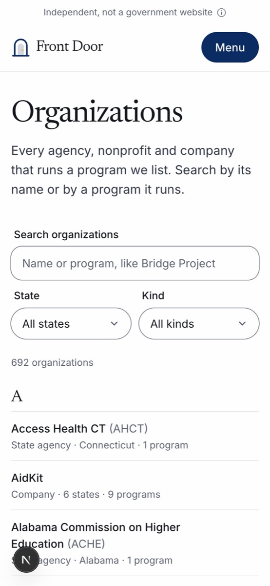 Screenshot: Find every organization that runs a program